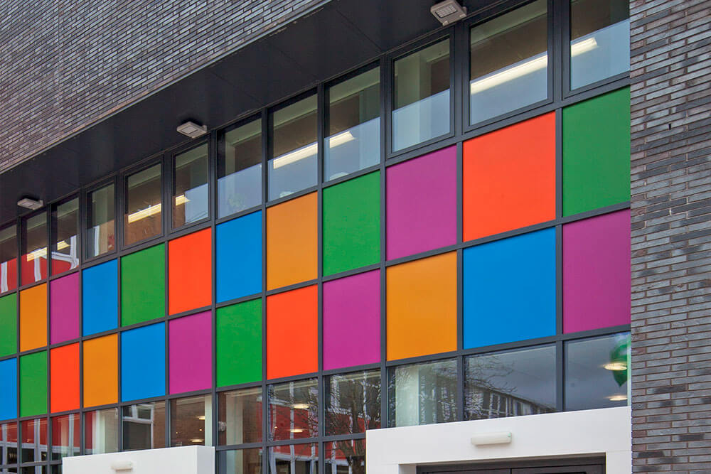 Aluminium commercial windows and coloured panels